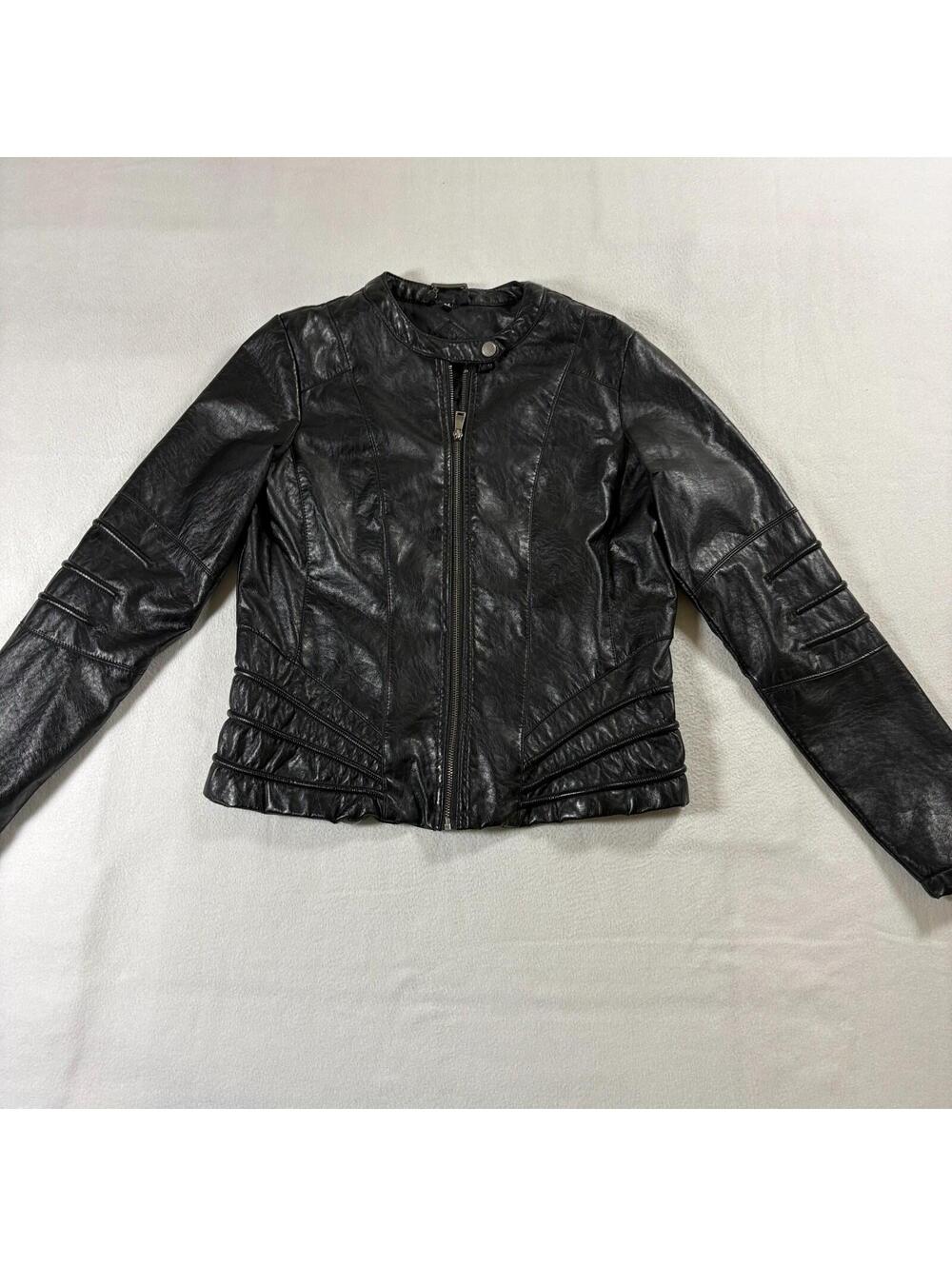JouJou Moto Faux Leather Jacket Womens M Fits Like S Black Y2K Zip Biker Tear